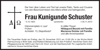 Traueranzeige von Kunigunde Schuster von Pegnitz-Zeitung